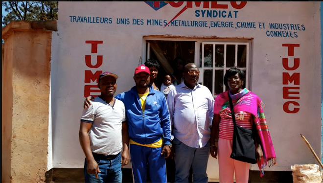 Dieudonné Shimbi (TUMEC Kolwezi branch coordinator), Charles Kumbi (IndustriALL SubSahara Africa), Didier Okonda (TUMEC acting GS), Paule France Ndessomin (IndustriALL SubSahara Africa) during a visit in Kolwezi