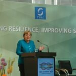 German Chancellor and G20 President Angela Merkel, addresses the L20 Summit in Berlin on 17 May 2017.