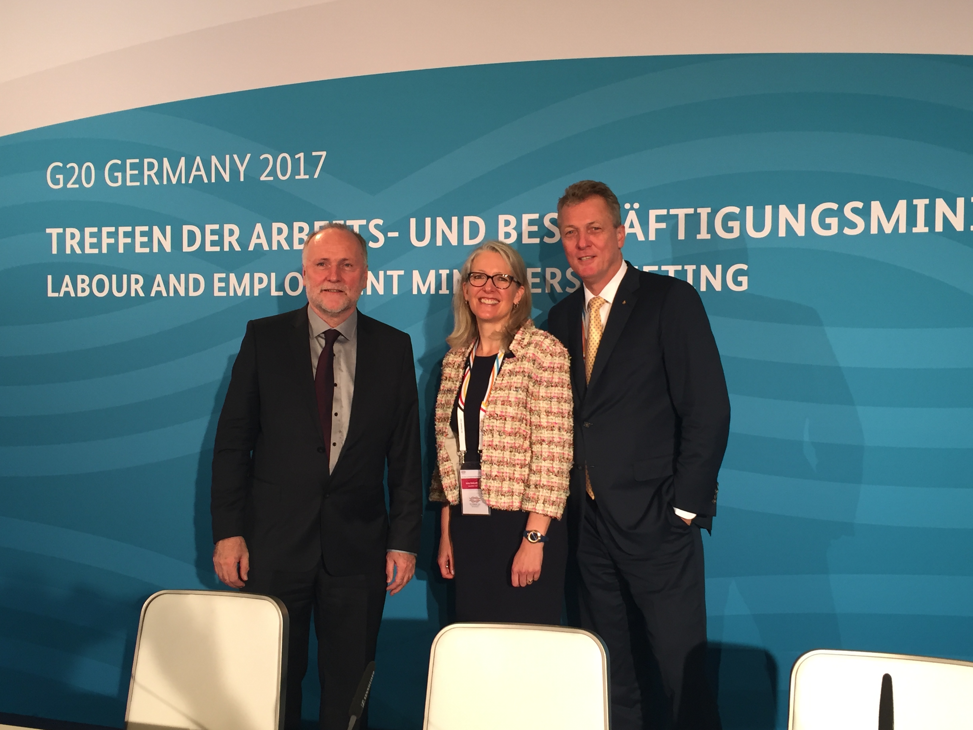 ACT Executive Director Frank Hoffer, IndustriALL AGS Jenny Holdcroft, Tchibo CEO Thomas Linemayr at G20 meeting.