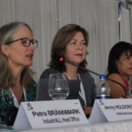 IndustriALL Assistant General Secretary Jenny Holdcroft, co-chair Michele O'Neil, and co-chair Monica Veloso