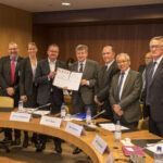 Photo description left to right: Per Olof Sjoo, President of the Swedish Union of Forestry, Wood and Graphical Workers’; Matts Jutterström, President of the Swedish Paper Workers’ Union (Pappers);  Malin Bendz from Stora Enso; Karl Henrik Sundström, CEO of Stora Enso; Guy Ryder, Director General of the ILO; Valter Sanches, General Secretary of IndustriALL Global Union; Philip Jennings, General Secretary of UNI Global Union; Ambet Yuson, General Secretary of BWI.