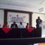 Official launch of the Global Week of Action on Swaziland. From left to right: Wandile Dludlu (SDC), Maxwell Dlamini (students' union), Mario Masuku (PUDEMO), Barnes Dlamini (TUCOSWA), Muzi Mhlanga (SNAT) and Joel Odigie (ITUC-Africa).